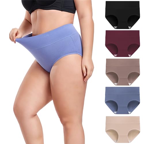 TUTUESTHER Unterhosen Damen Baumwolle Hohe Taille Unterwäsche Postpartum Underwear Stretch Slips Bequem Weich Panties 5er Pack（L-EU 42, Schwarz/Bordeaux/Hellbraun/Beige/Graublau） von TUTUESTHER