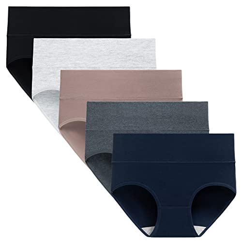TUTUESTHER Unterhosen Damen Baumwolle Hohe Taille Unterwäsche Postpartum Underwear Stretch Slips Bequem Weich Panties 5er Pack（M-EU 40, Schwarz/Dunkelblau/Dunkelgrau/Khaki/Hellgrau） von TUTUESTHER