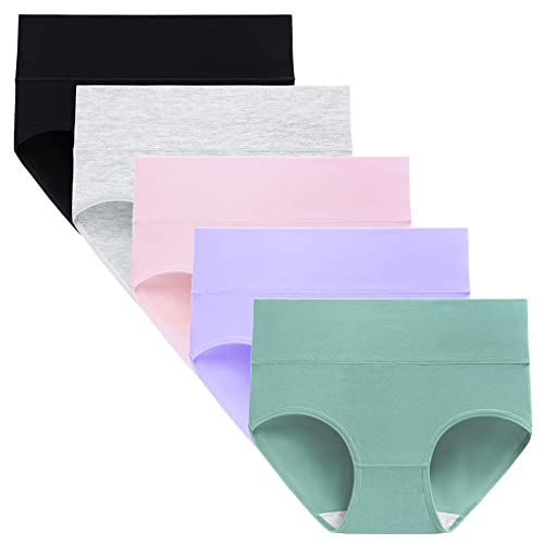 TUTUESTHER Unterhosen Damen Baumwolle Hohe Taille Unterwäsche Postpartum Underwear Stretch Slips Bequem Weich Panties 5er Pack（S-EU 38, Schwarz/Hellgrün/Hellviolett/Hellrosa/Hellgrau） von TUTUESTHER