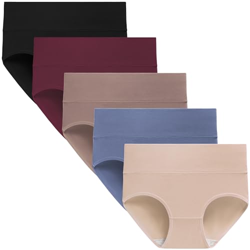 TUTUESTHER Unterhosen Damen Baumwolle Hohe Taille Unterwäsche Postpartum Underwear Stretch Slips Bequem Weich Panties 5er Pack（XL-EU 44-46, Schwarz/Bordeaux/Hellbraun/Beige/Graublau） von TUTUESTHER