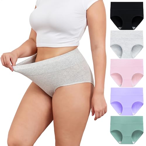 TUTUESTHER Unterhosen Damen Baumwolle Hohe Taille Unterwäsche Postpartum Underwear Stretch Slips Bequem Weich Panties 5er Pack（XXXL-EU 52-54, Schwarz/Hellgrün/Hellviolett/Hellrosa/Hellgrau） von TUTUESTHER