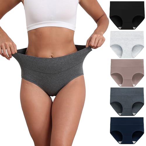 TUTUESTHER Unterhosen Damen Baumwolle Hohe Taille Unterwäsche Postpartum Underwear Stretch Slips Bequem Weich Panties 5er Pack（XXL-EU 48-50, Schwarz/Dunkelblau/Dunkelgrau/Khaki/Hellgrau） von TUTUESTHER