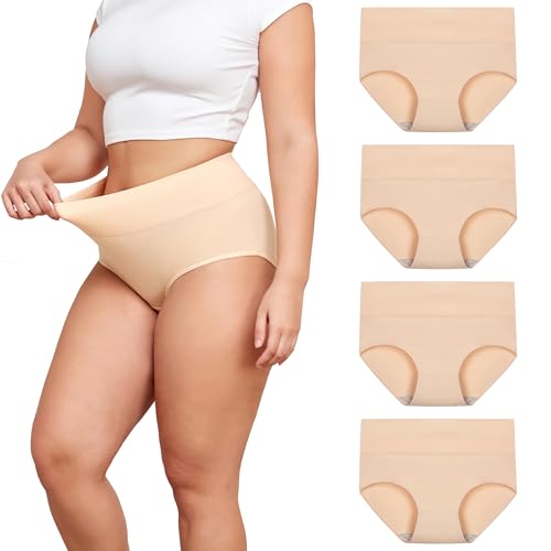 TUTUESTHER Unterhosen Damen Große Größen Baumwolle Unterwäsche Hohe Taille Slip Maxi Schlüpfer Frauen 4er Pack(60-62,4 Hautfarbe) von TUTUESTHER