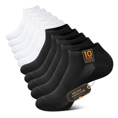 TUUHAW 10 Paar Sneaker Socken Herren 47-49 Sportsocken Laufsocken Kurzsocken Halbsocken Baumwoll Atmungsaktive Schwarz Weiß von TUUHAW