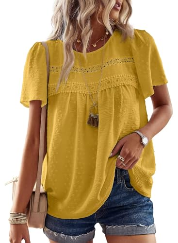 TUUHAW Bluse Damen Sommer Boho Top Kurzarm Oberteile Spitze Fließend Elegant Rundhals T Shirt Tunika Paspel Süß Lässig Outfits Volant Frühling Spitze​Herbst Kleidung Gelb L von TUUHAW