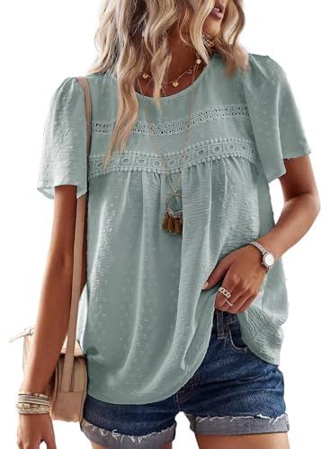 TUUHAW Bluse Damen Sommer Boho Top Kurzarm Oberteile Spitze Fließend Elegant Rundhals T Shirt Tunika Paspel Süß Lässig Outfits Volant Frühling Spitze​Herbst Kleidung Grau Grün S von TUUHAW