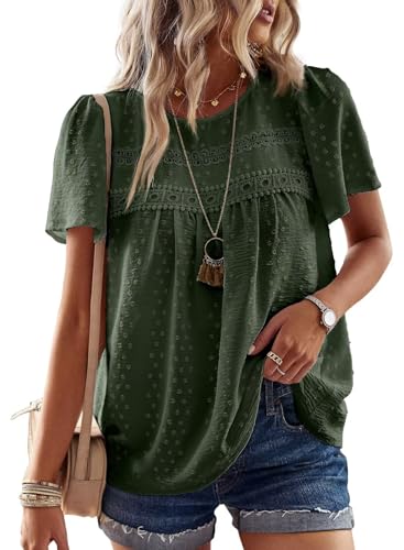 TUUHAW Bluse Damen Sommer Boho Top Kurzarm Oberteile Spitze Fließend Elegant Rundhals T Shirt Tunika Paspel Süß Lässig Outfits Volant Frühling Spitze​Herbst Kleidung Grün S von TUUHAW