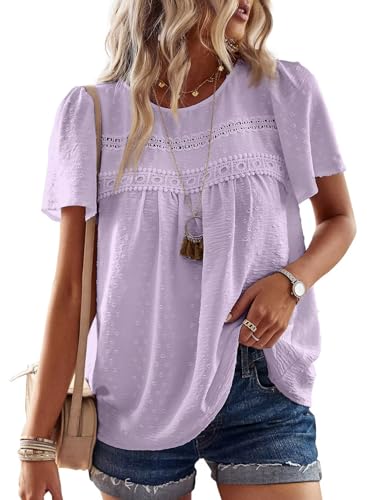 TUUHAW Bluse Damen Sommer Boho Top Kurzarm Oberteile Spitze Fließend Elegant Rundhals T Shirt Tunika Paspel Süß Lässig Outfits Volant Frühling Spitze​Herbst Kleidung Lila L von TUUHAW