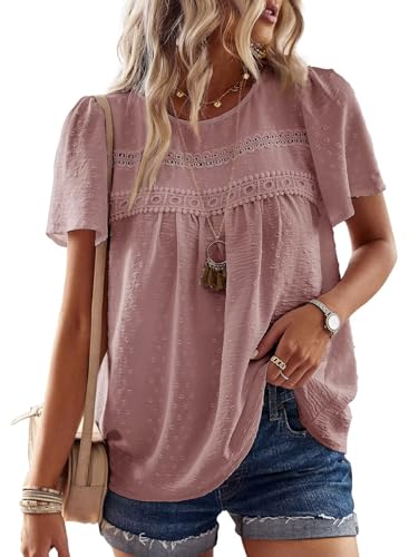 TUUHAW Bluse Damen Sommer Boho Top Kurzarm Oberteile Spitze Fließend Elegant Rundhals T Shirt Tunika Paspel Süß Lässig Outfits Volant Frühling Spitze​Herbst Kleidung Rosa S von TUUHAW