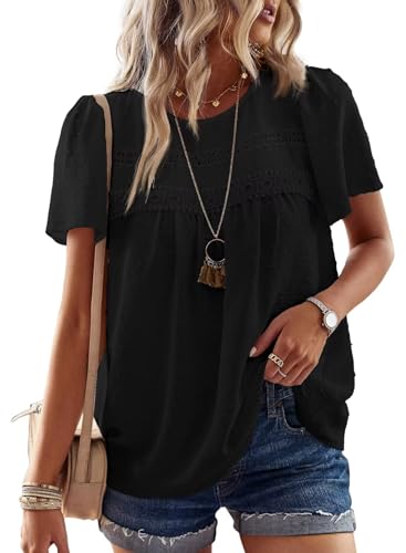 TUUHAW Bluse Damen Sommer Boho Top Kurzarm Oberteile Spitze Fließend Elegant Rundhals T Shirt Tunika Paspel Süß Lässig Outfits Volant Frühling Spitze​Herbst Kleidung Schwarz L von TUUHAW