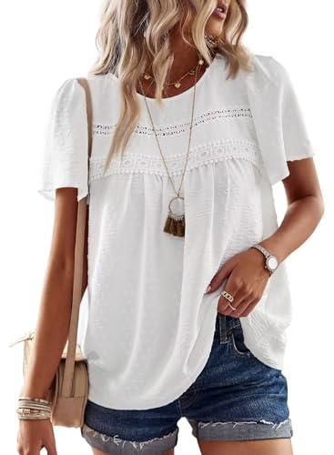 TUUHAW Bluse Damen Sommer Boho Top Kurzarm Oberteile Spitze Fließend Elegant Rundhals T Shirt Tunika Paspel Süß Lässig Outfits Volant Frühling Spitze​Herbst Kleidung Weiß L von TUUHAW