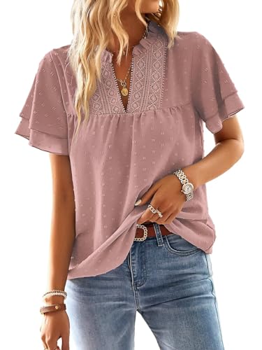 TUUHAW Bluse Damen Sommer Boho Top Kurzarm Oberteile Spitze Fließend Elegant V Ausschnitt Flügelärmel T Shirt Tunika Paspel Süß Lässig Outfits Volant Frühling Spitze​Herbst Kleidung Rosa XS von TUUHAW