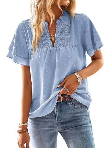 TUUHAW Bluse Damen Sommer Boho Top Kurzarm Oberteile Spitze Fließend Elegant V-Ausschnitt T Shirt Tunika Paspel Süß Lässig Outfits Volant Frühling Spitze​Herbst Kleidung Blau L von TUUHAW