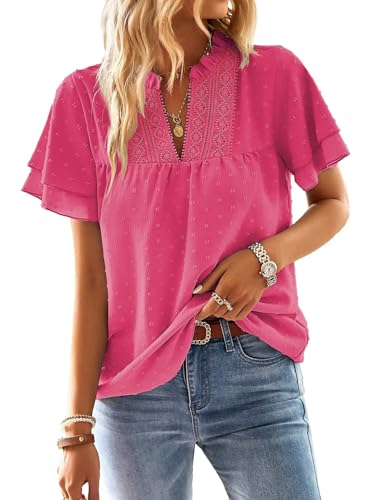 TUUHAW Bluse Damen Sommer Boho Top Kurzarm Oberteile Spitze Fließend Elegant V-Ausschnitt T Shirt Tunika Paspel Süß Lässig Outfits Volant Frühling Spitze​Herbst Kleidung Knallrosa L von TUUHAW