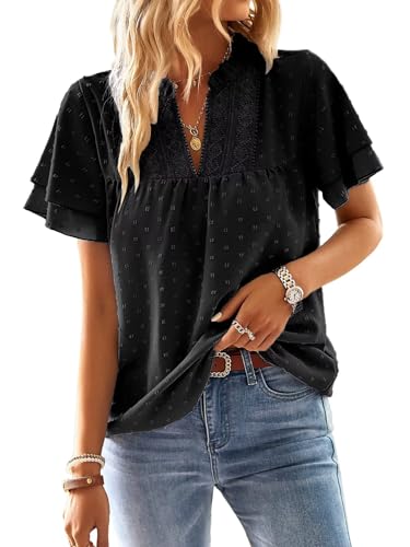 TUUHAW Bluse Damen Sommer Boho Top Kurzarm Oberteile Spitze Fließend Elegant V-Ausschnitt T Shirt Tunika Paspel Süß Lässig Outfits Volant Frühling Spitze​Herbst Kleidung Schwarz L von TUUHAW