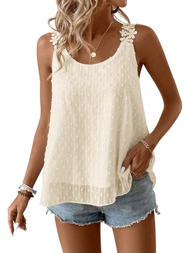 TUUHAW Cami Tunika Große Größen Sommer Boho Bluse Ärmelloses Westen Damen Top Süß Oberteile Fließend Elegant Volant Paspel Spitze Rundhals Blumen Herbst Frühling Rüschen Lässig Weste Tank Aprikose 3Xl von TUUHAW