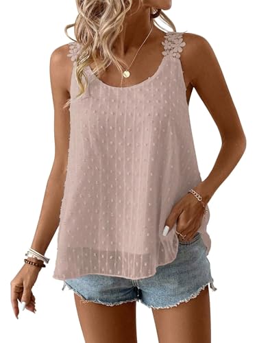 TUUHAW Camisole Top Daman Bluse Sommer Boho Tank Damen Weste Ärmellos Oberteile Fließend Elegant Rundhals Blumen T Shirt Tunika Paspel Süß Lässig Outfits Volant Frühling Spitze​Herbst Trägertop Rosa L von TUUHAW