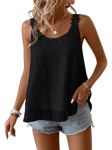 TUUHAW Camisole Top Daman Große Größen Sommer Boho Bluse Ärmellos Top Süß Blumen Oberteile Fließend Elegant Volant Rundhals Herbst Frühling Rüschen T Shirt Lässig Outfits Spitze Weste Schwarz 3XL von TUUHAW