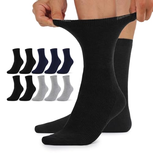 TUUHAW Diabetiker Socken Damen 39-42 Diabetikersocken Herren 10 Paar ohne Gummibund Comfort Baumwolle Schwarz Grau Dunkelblau Herrensocken Gesundheitssocken ohne Bund von TUUHAW