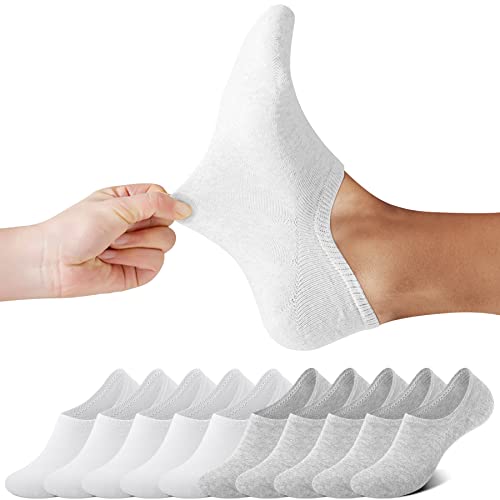 FALARY Sneaker Socken Damen Füßlinge Damen Herren Footies Unsichtbare Kurze 10 Paar Sneaker Socken Großes Silikonpad Verhindert Verrutschen_Weiß-Grau_35-38 von FALARY