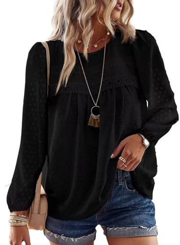 TUUHAW Langarmshirt Damen Boho Herbst Bluse Top Oberteile Fließend Spitze Süß Elegant Rundhals Longsleeve T Shirt Frühling Lässig Outfits Kleidung Winter Longshirt Schwarz XL von TUUHAW