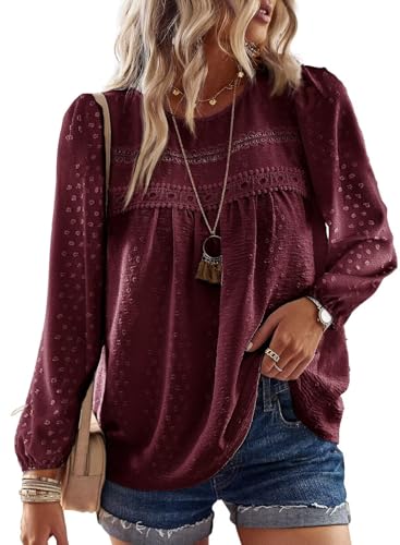 TUUHAW Langarmshirt Damen Boho Herbst Bluse Top Oberteile Fließend Spitze Süß Elegant Rundhals Longsleeve T Shirt Frühling Lässig Outfits Kleidung Winter Longshirt Weinrot S von TUUHAW