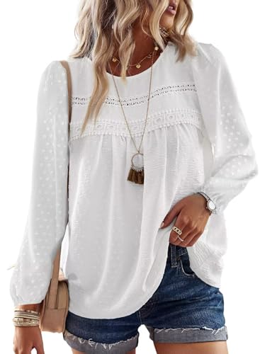 TUUHAW Langarmshirt Damen Boho Herbst Bluse Top Oberteile Fließend Spitze Süß Elegant Rundhals Longsleeve T Shirt Frühling Lässig Outfits Kleidung Winter Longshirt Weiß XL von TUUHAW