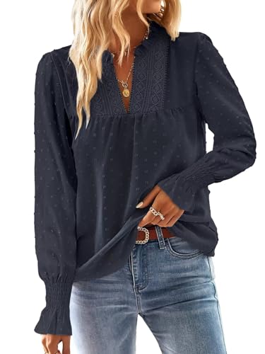 TUUHAW Langarmshirt Damen Herbst Boho Top Oberteile Fließend Elegant V-Ausschnitt T Shirt Süß Lässig Outfits Frühling Winter Longshirt Spitze Kleidung Paspel Volant Dunkelblau M von TUUHAW