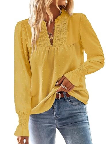 TUUHAW Langarmshirt Damen Herbst Boho Top Oberteile Fließend Elegant V-Ausschnitt T Shirt Süß Lässig Outfits Frühling Winter Longshirt Spitze Kleidung Paspel Volant Gelb M von TUUHAW