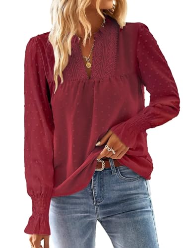 TUUHAW Langarmshirt Damen Herbst Große Größen Longbluse Boho Bluse V-Ausschnitt T Shirt Fließend Elegant Süß Lässig Outfits Top Oberteile Frühling Rüschen Volant Paspel Winter Kleidung Burgunder 3XL von TUUHAW
