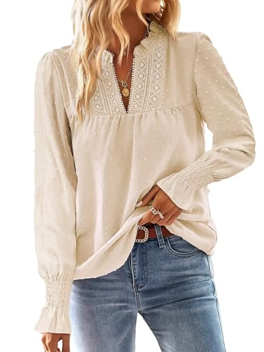 TUUHAW Langarmshirt Damen Herbst Große Größen Longbluse Boho Bluse V-Ausschnitt T Shirt Fließend Elegant Süß Lässig Outfits Top Oberteile Frühling Rüschen Volant Paspel Winter Kleidung Aprikose 4XL von TUUHAW