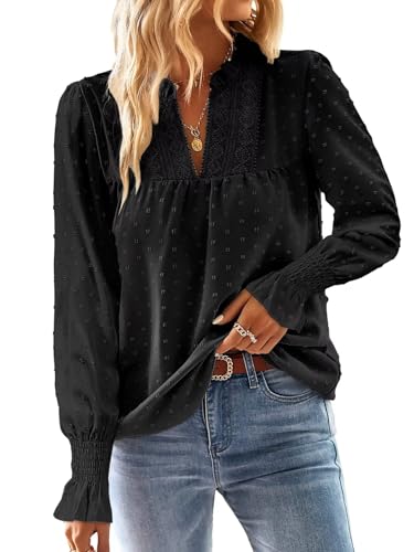 TUUHAW Shirt Langarm Damen Boho Herbst Bluse Fließend Tunika Elegant V-Ausschnitt Longsleeve Top Oberteile Lässig Outfits Spitze Kleidung Frühling Winter Schwarz XS von TUUHAW