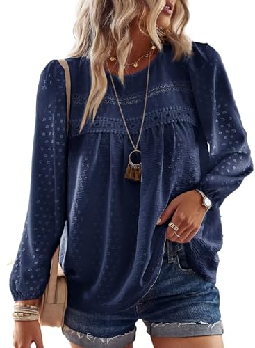 TUUHAW Shirt Langarm Damen Herbst Große Größen Tunika Boho Bluse Top Süß Oberteile Fließend Elegant Rundhals Frühling Winter T Shirt Lässig Outfits Kleidung Dunkelblau 2XL von TUUHAW