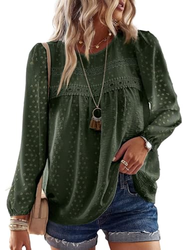 TUUHAW Shirt Langarm Damen Herbst Große Größen Tunika Boho Bluse Top Süß Oberteile Fließend Elegant Rundhals Frühling Winter T Shirt Lässig Outfits Kleidung Grün 2XL von TUUHAW