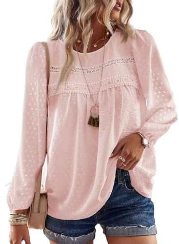 TUUHAW Shirt Langarm Damen Herbst Große Größen Tunika Boho Bluse Top Süß Oberteile Fließend Elegant Rundhals Frühling Winter T Shirt Lässig Outfits Kleidung Hellrosa 4XL von TUUHAW