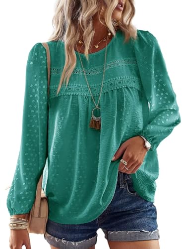 TUUHAW Shirt Langarm Damen Herbst Große Größen Tunika Boho Bluse Top Süß Oberteile Fließend Elegant Rundhals Frühling Winter T Shirt Lässig Outfits Kleidung Türkis 4XL von TUUHAW