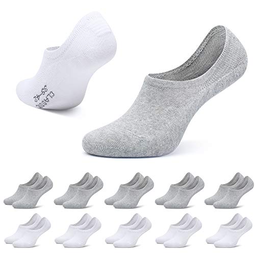 TUUHAW Sneaker Socken Damen Herren Füßlinge 10 Paar Füsslinge Footies Unsichtbare Kurze Großes Silikonpad Weiß-Grau 43-46 von TUUHAW