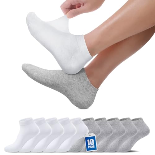 TUUHAW Sneaker Socken Herren 43-46 Damen Sneakersocken Sportsocken Halbsocken Kurze Atmungsaktive Baumwolle Socken Weiß Grau Laufsocken 10paar von TUUHAW