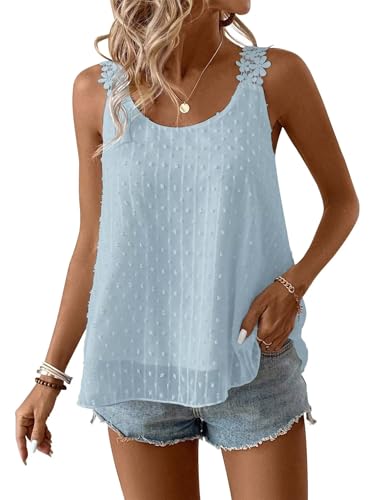 TUUHAW Tank Bluse Sommer Boho Cami Top Ärmellose Weste Damen Blumen Oberteile Weste Fließend Elegant Rundhals T Shirt Tunika Paspel Süß Lässig Outfits Volant Frühling Spitze​Herbst Kleidung Blau L von TUUHAW