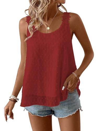 TUUHAW Tank Top Damen Baumwolle Sommer Boho Bluse Ohne Ärmel Oberteile Spitze Blumen Fließend Elegant Rundhals T Shirt Tunika Paspel Süß Lässig Outfits Volant Frühling Spitze​Herbst Kleidung Rot L von TUUHAW