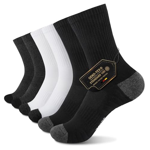 TUUHAW Tennissocken Herren 39-42 Lang Sportsocken Laufsocken Baumwolle Dicke Socken Wandersocken Damen Schwarz Socken Verdickte Frottee Baumwollsocken 6 Paar, Schwarz Weiß Grau 39-42 von TUUHAW