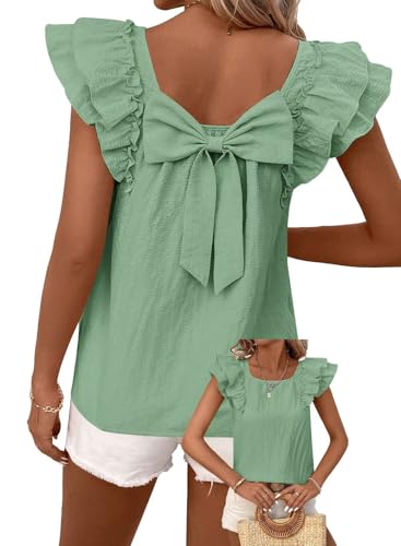 TUUHAW Top Damen Sommer Süße Oberteile Rundhals T-Shirt Kurzarm Bluse mit Rüschen Tunika Lässige Outfits Chiffon Puffärmel Rücken-Schleife Kleidung Grün L von TUUHAW
