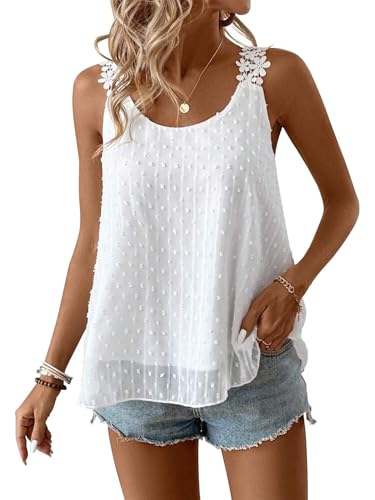 TUUHAW Träger Sommer Boho Bluse Damen Weste Ärmellos Top Oberteile Fließend Tank Tops Rüschen Süß Elegant Rundhals T Shirt Lässig Blumen Camisole Frühling Spitze Herbst Kleidung Weiß XL von TUUHAW
