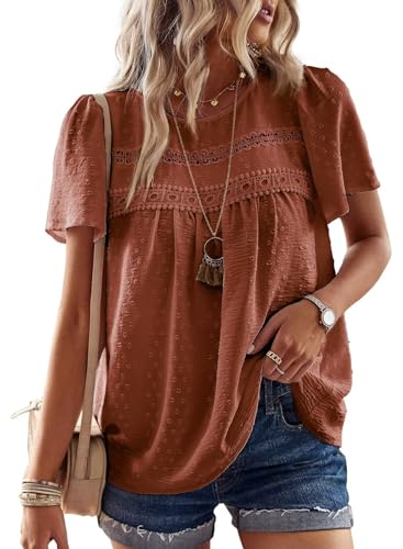 TUUHAW Tunika Damen Große Größen Sommer Boho Bluse Kurzarm Top Oberteile Fließend Elegant Volant PaspelRundhals Herbst Frühling Rüschen T Shirt Lässig Outfits Spitze Kleidung Orange XXL von TUUHAW