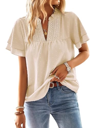 TUUHAW Tunika Damen Große Größen Sommer Boho Bluse Kurzarm Top Süß Oberteile Fließend Elegant Volant Paspel Spitze V-Ausschnitt Herbst Frühling Rüschen Lässig Outfits Spitze Kleidung Aprikose 4XL von TUUHAW