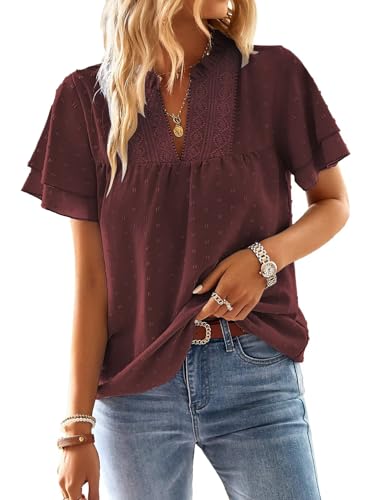 TUUHAW Tunika Damen Große Größen Sommer Boho Bluse Kurzarm Top Süß Oberteile Fließend Elegant Volant Paspel Spitze V-Ausschnitt HerbstLässig Outfits Spitze Business Kleidung Weinrot 3XL von TUUHAW