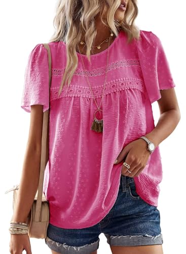 TUUHAW Tunika Damen Große Größen Sommer Boho Bluse Kurzarm Top Süß Oberteile Fließend ElegantSpitze Rundhals Herbst Frühling Rüschen T Shirt Lässig Outfits Spitze Kleidung Knallrosa 3XL von TUUHAW