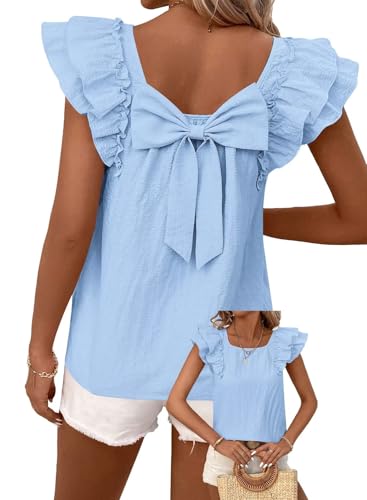 TUUHAW Tunika Damen Große Größen Sommer Niedliche Kurzarm Top mit Schleife am Rücken Süße Oberteile Fließende Elegante Volant Paspel Rüschen T-Shirt Lässig Outfits Chiffon Kleidung Hellblau 5XL von TUUHAW