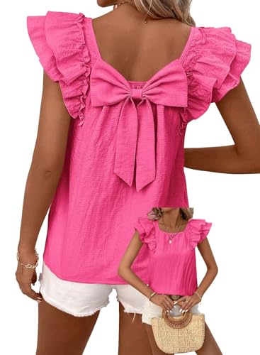TUUHAW Tunika Damen Große Größen Sommer Niedliche Kurzarm Top mit Schleife am Rücken Süße Oberteile Fließende Elegante Volant Paspel Rüschen T-Shirt Lässig Outfits Chiffon Kleidung Knallrosa 3XL von TUUHAW