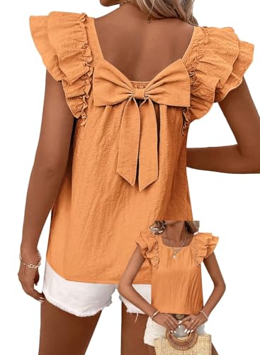 TUUHAW Tunika Damen Große Größen Sommer Niedliche Kurzarm Top mit Schleife am Rücken Süße Oberteile Fließende Elegante Volant Paspel Rüschen T-Shirt Lässig Outfits Chiffon Kleidung Orange 2XL von TUUHAW